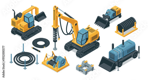 Isometric construction machinery collection with bulldozer, excavator, and tools