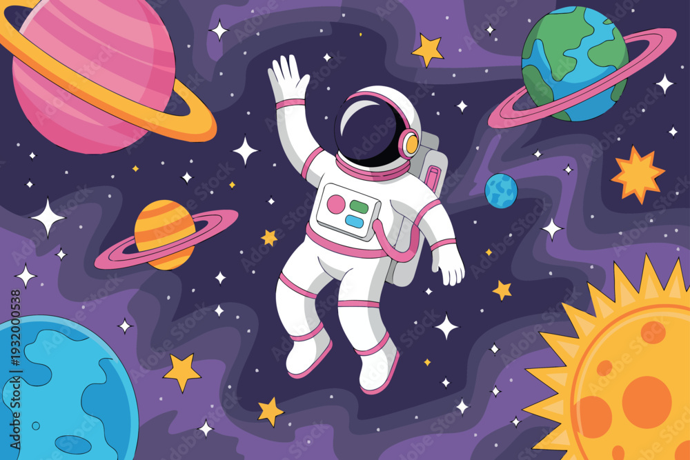 Fototapeta premium A cartoon astronaut floats in the vast darkness of outer space while waving a hand. The background is filled with colorful planets, bright stars, and a large sun. 