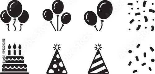 Collection of black silhouette icons representing birthday elements: balloons, cakes, party hats, and confetti for celebrations. one line art icon drawing vector