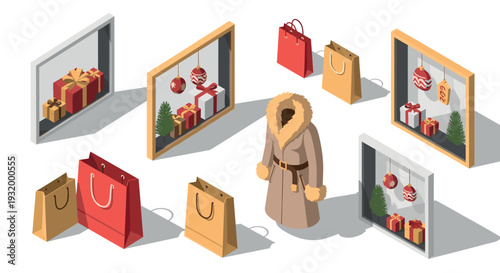 Isometric winter shopping: festive bags and gift boxes with window displays