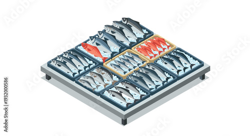 Isometric display of fresh fish on ice in market setting
