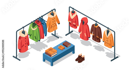 Stylish winter clothing store display with coats and accessories in isometric view