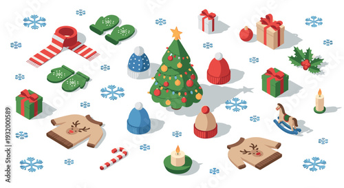 Festive isometric christmas scene with tree, presents, and decorations