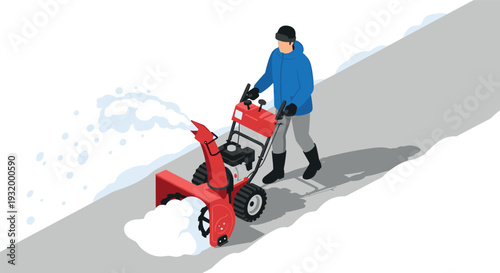 Isometric winter scene with person operating snow blower on snowy path