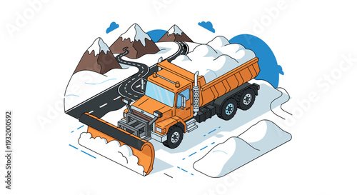 Snowy mountain road adventure with plow truck in isometric cartoon style