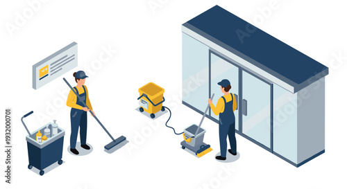 Isometric office janitorial service scene with workers and cleaning equipment