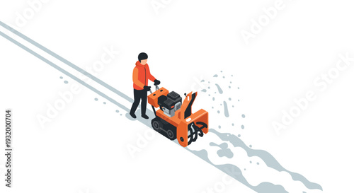 Isometric snow blower operation: man clearing snow with machine