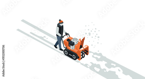 Isometric man operating snow blower in winter setting with shadow effect
