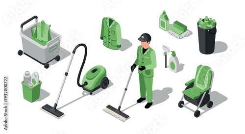 Isometric green cleaning equipment and worker set for eco-friendly maintenance projects