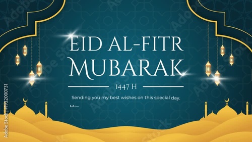 Eid al-Fitr celebration with golden lanterns and mosque silhouette