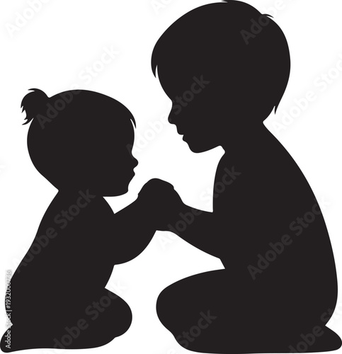 A simple black silhouette depicts two childre. black art icon drawing vector