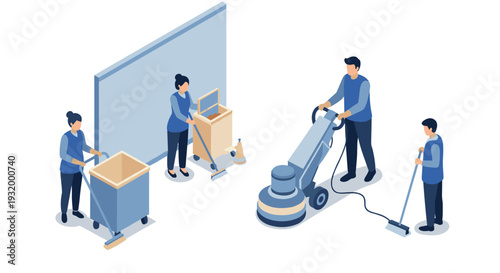 Team of janitors cleaning office with isometric floor machines and tools