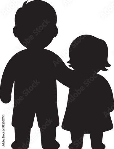 A simple black silhouette depicts two childre. black art icon drawing vector