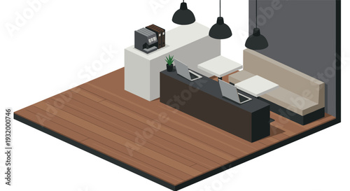 Modern isometric coffee shop interior design with wooden flooring
