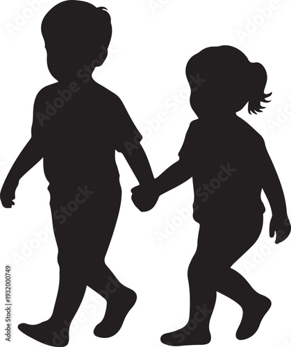 A simple black silhouette depicts two childre. black art icon drawing vector