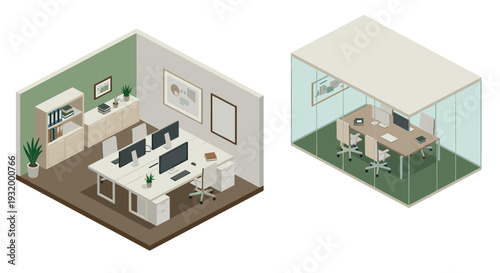 Modern isometric office designs featuring open workspace and private meeting room