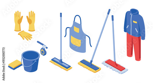 Cleaning supplies set with isometric brooms, gloves, apron, and bucket on white background