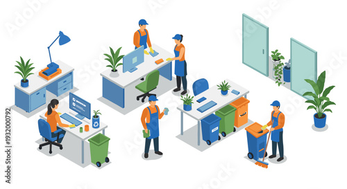 Isometric office environment with cleaning staff and modern workspace design