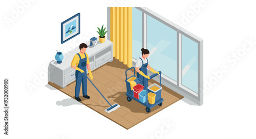 Isometric cleaning team in modern room with equipment and tools