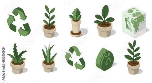 Eco-friendly icons with recycle symbols and potted plants in isometric design