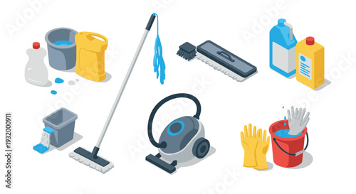 Isometric cleaning tools set: mop, vacuum, detergents, and gloves for home maintenance