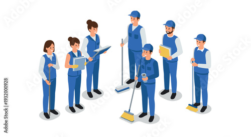 Isometric cleaning crew teamwork: professional workers with equipment