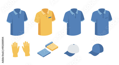 Isometric collection of polo shirts, caps, gloves, and towels in blue and yellow