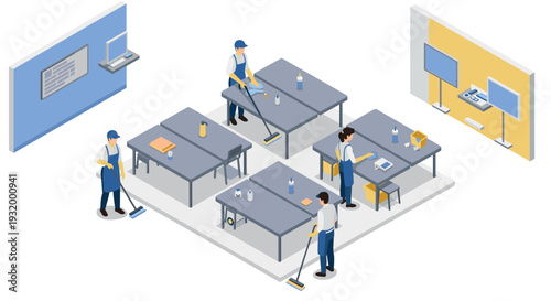 Isometric office sanitization scene: team cleaning conference room with supplies