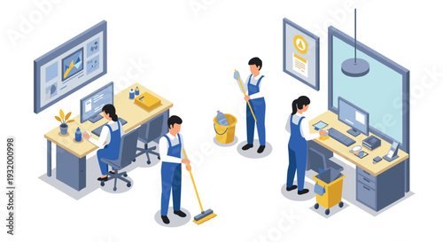 Isometric office cleaning scene with cartoon characters in modern workspace