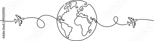 Planet map and planes icon line continuous drawing vector. One line Planet and planes icon vector background. Travel by plane icon. one line art icon drawing vector