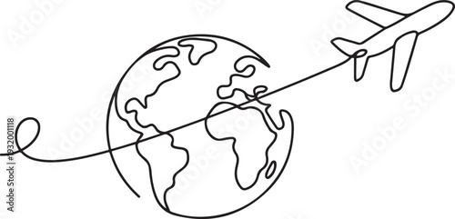 Planet map and planes icon line continuous drawing vector. One line Planet and planes icon vector background. Travel by plane icon. one line art icon drawing vector