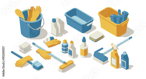 Isometric cleaning supplies set with buckets, brushes, and bottles