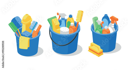 Colorful cleaning supplies in buckets on white background