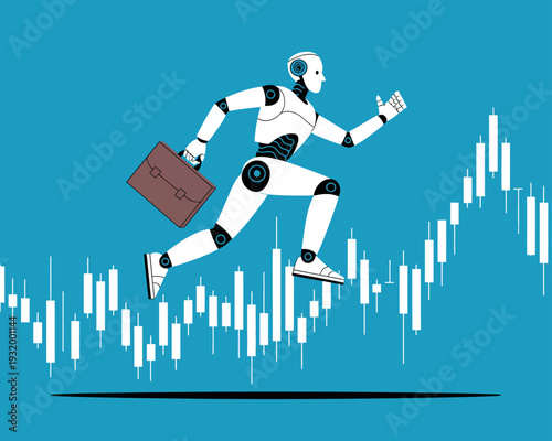 A futuristic robot running with a briefcase in hand, symbolizing rapid business growth and technological advancement.