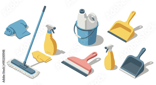 Cleaning supplies in isometric style with mop, spray bottles, and bucket on white background