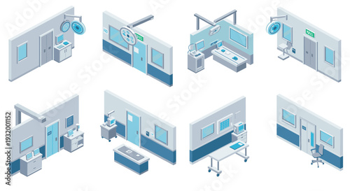 Modern hospital room designs in isometric style with medical equipment