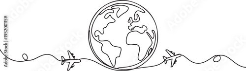 Planet map and planes icon line continuous drawing vector. One line Planet and planes icon vector background. Travel by plane icon. one line art icon drawing vector