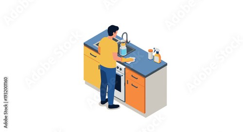 Isometric man cleaning kitchen counter with cleaning supplies for home maintenance
