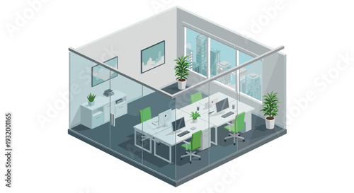 Modern office space with glass walls in isometric view