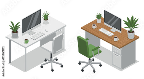 Isometric office desks with plants and computers in modern workspace