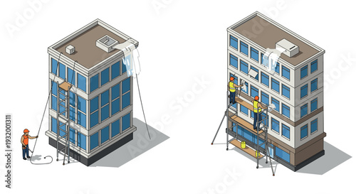 Isometric building maintenance with workers on scaffolding and cleaning equipment