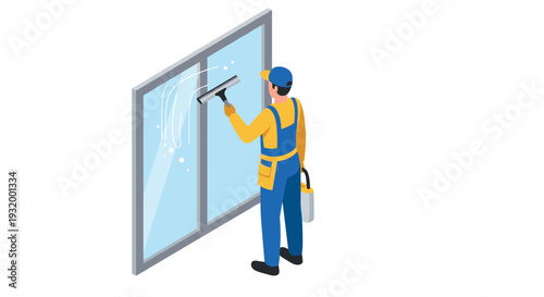 Isometric window cleaning: professional worker with squeegee and cleaner