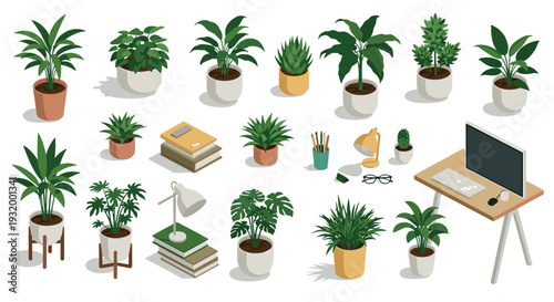 Modern workspace with indoor plants and desk accessories in isometric design
