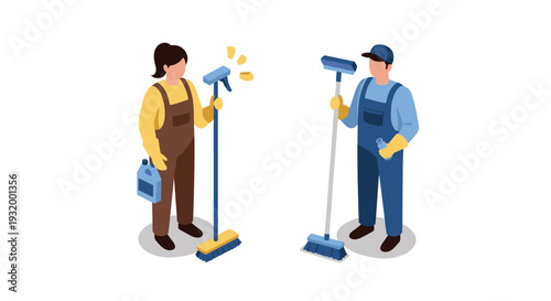 Isometric cleaning crew with mops and gloves in work uniforms