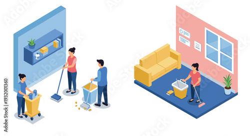 Isometric home cleaning scene with people tidying living room