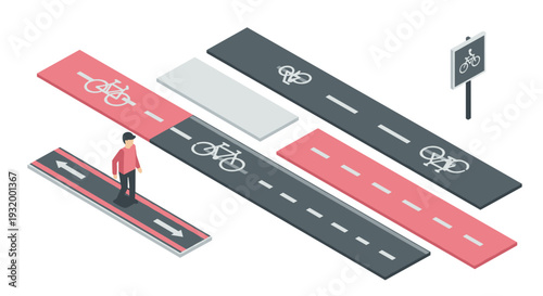 Isometric urban pathway with bike lanes and pedestrian walkways