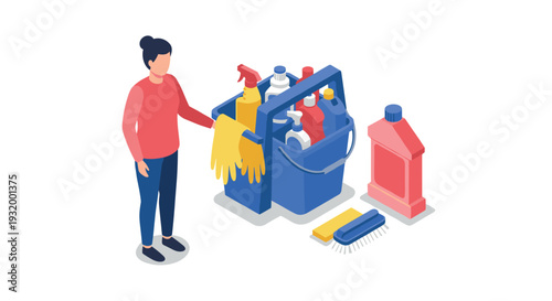 Cleaning supplies with woman in isometric style featuring detergents and tools