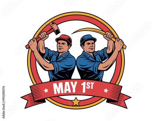 A graphic illustration of two workers holding tools in a circular emblem with a red banner reading May 1st