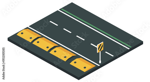 Isometric road segment with traffic barriers and signage