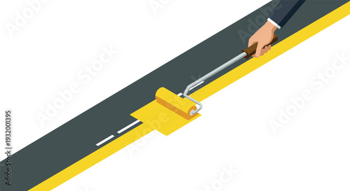 Creative road maintenance concept with paint roller on asphalt